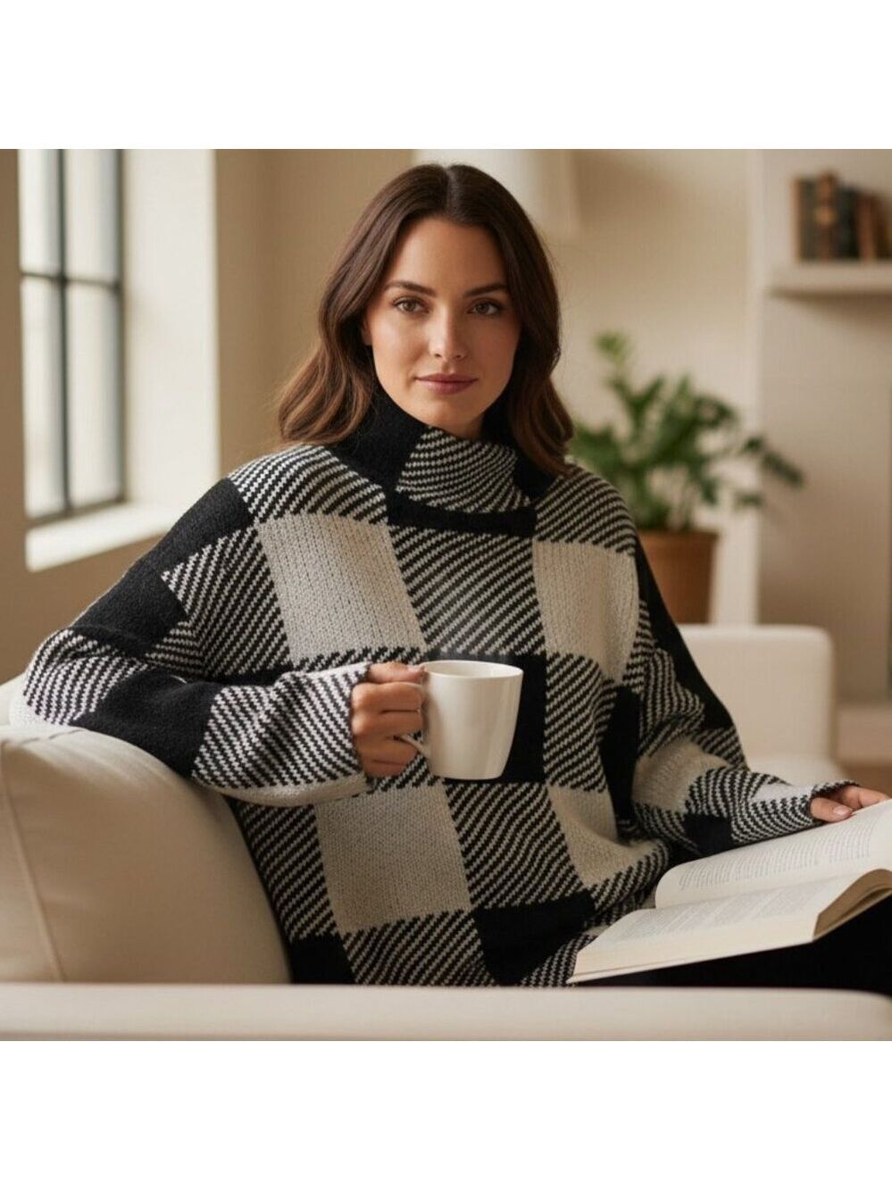 DKNY Black & Ivory Buffalo Check Knit Sweater | Cozy Statement Pullover | Size L